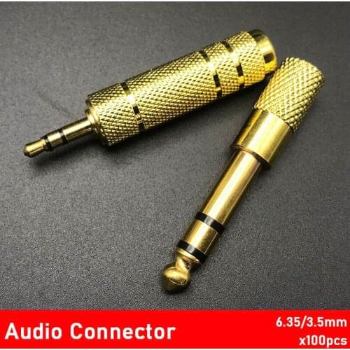100pcs Guitar Amplifier Microphone 3.5mm 6.35mm Frmale Male Stereo Audio Connector Adapter Plug Thread Gold