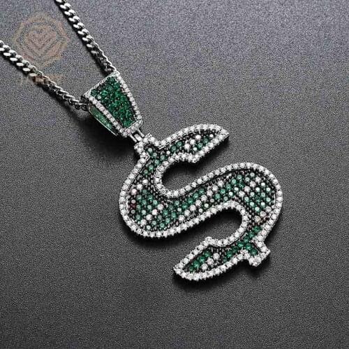 JANRY Hip Hop Green S Dollar Sign Pendant Necklace Zircon Male Hip Hop Necklace With 60cm Rope Chain For Men Women