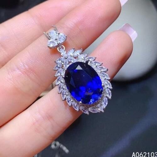 KJJEAXCMY fine jewelry 925 Sterling Silver inlaid sapphire Womens noble luxury large GEM PENDANT NECKLACE support detection