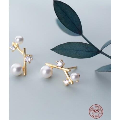 LKO 925 Sterling Silver Sparkling Zircon Pearl Tree Branches Splicing Stud Earring for Women Wedding Party Fine Jewelry Brincos