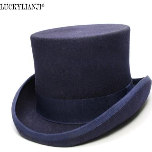 LUCKYLIANJI 4 Sizes Womens Mens High Top Round Flat Top Wool Felt Vintage Magician President Lincoln Gentleman Bowler Hat