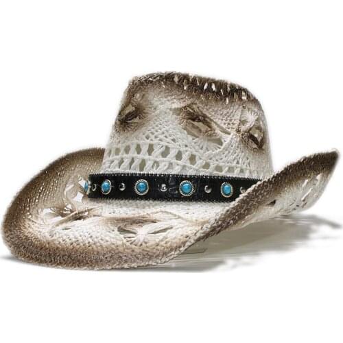 Fashion Retro Vintage Womens Mens Hollow-out Bohemia Cowboy Western Summer Straw Turquoise Leather Band Cowgirl Sun Hat 58cm