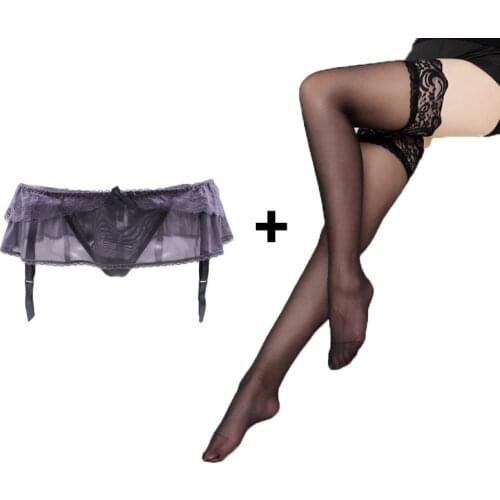 Fashion Purple grey Lace Gauze Sexy Metal Clips/Buckles Garter Belt with Thong Black stockings set for women/female/lady GS503