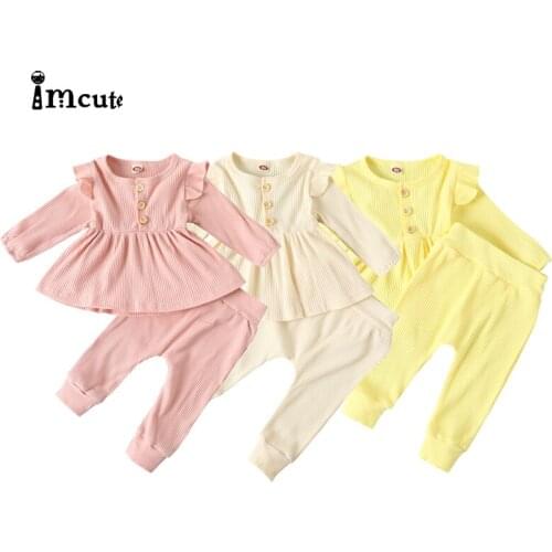 Imcute Infant Baby Girls Ribbed Outfits Toddler Long Sleeve T-shirt O-Neck Ruffle Top Elastic Trousers Set For Kids Boy Clothes