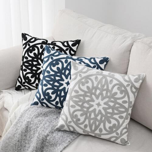 Home Decor Embroidered Navy Blue Gray Black Cushion Cover Floral Canvas Cotton Square Embroidery Pillow Cover 45x45cm