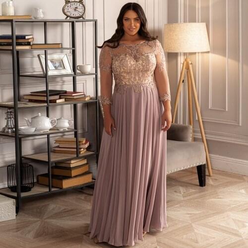 Charming Mother Of The Bride Dresses Chiffon Appliques Pleat Bateau Full Sleeve Lace Up A-Line Gowns Novia Do 2021 Party