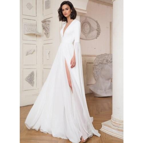 Verngo A Line Beach Wedding Dress Side Slit Chiffon Wedding Gowns Elegant Long Sleeves Bride Dress Vestidos De Noiva