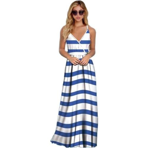 Women Striped Maxi Dress Sexy Backless Summer High Waist Streetwear Long Dress Ladies Clothing Vintage V-Neck Dresses Vestidos
