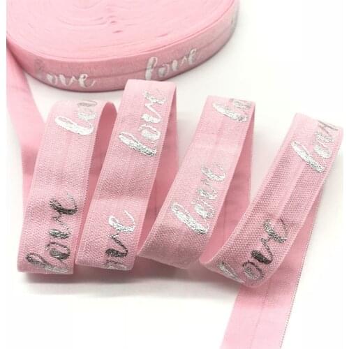 5Y 16mm Silver Love Print Pink Fold Over Elastic Hairbands for sewing accessories DIY Hair Ties Hair Accessories