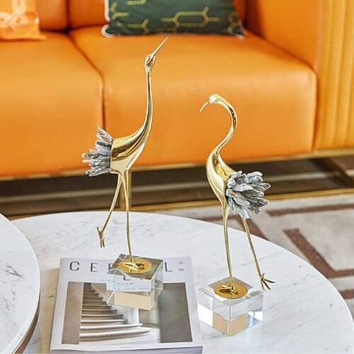 Luxtry Gold Copper Flamingo With Natural Crystal Stone Feather Figurine Ornament Decoration Art Home Furnishing Crafts Gift