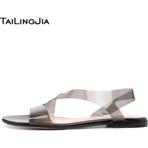 Black Flat Sandals for Women 2021 Transparent PVC Flats Summer Shoes Ladies Elegant Clear Shoe Large Size Round Toe Sandal
