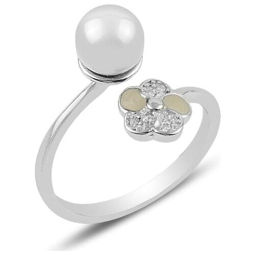 Silver 925 Sterling Pearl & Zircon Cubic Zirconia Flower Ring