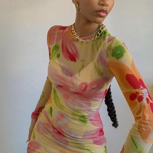 Mesh 2021 Floral Print Long Sleeve Dress Women Sexy See Through Cyber Dress Summer Spring Y2K Beach Party Mini Bodycon Dresses