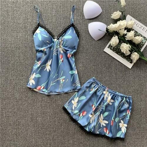 SR038 Navy Floral Sexy Lace Lingerie Home Clothes Satin Sleepwear Womens Pajama Set Paded Nightwear Female Cami Top and Shorts