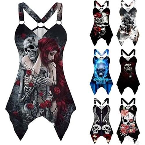 New Ladies Sexy Fashion Gothic Style Skull Print Sling Plus Size 4Xl 5Xl Top Womens Irregular V-Neck T-Shirt
