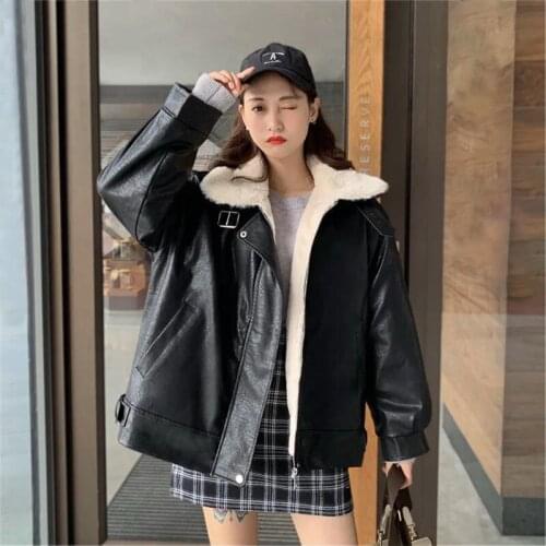 Herstory New Design Winter Faux Leather Jackets Women Thicken Warm Fur Leather Coat Black Outerwear Female Plush Sherpa Jacket