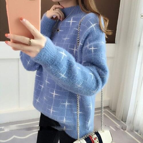 Blue Sweaters Women Knitted Pullover Thick Imitation Mink Cashmere Warm 2021 Autumn Loose Plus size Sweter Damski Jersey Mujer