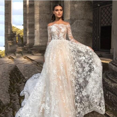Thinyfull Luxury Boat Neck Wedding Dresses A Line Long Sleeve Bride Dresses Tulle Button Lace Appliques Vestido De Novia 2020