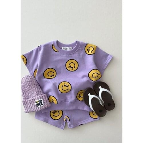 2021 Summer New Cotton Baby Clothes Set Boys And Girl Cute Smiley Print Tops + Shorts 2pcs Kids Children Clothing Suit