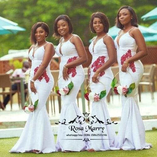 White Mermaid African Bridesmaids Dresses for Women 2021 Vintage Lace Plus Size Nigeria Long Satin Wedding Guest Prom Party Gown