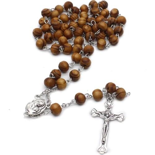 Rosary Necklace Wooden Rosaries Beads Jesus Cross Pendants Necklaces for Men Religious Christian Catholic Church Jewelry
