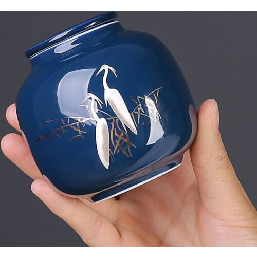 Color Glazed Egret Ceramic Tea Caddy Household Sealed Storage Box Travel Portable Aromatherapy Can Small Portable Tea Jars Tank