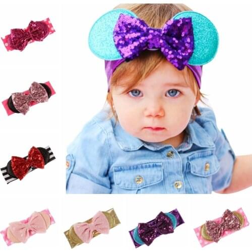 Yundfly Children Big Sequin Bow Elastic Headwraps Dot Cotton Blend Bowknot Hairband Newborn Birthday Gift Photoshoot