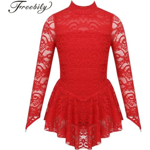 Kids Teens Mock Neck Long Sleeves Floral Lace Ballet Gymnastics Leotard Girls Figure Ice Skating Dress Competition Dance Costume