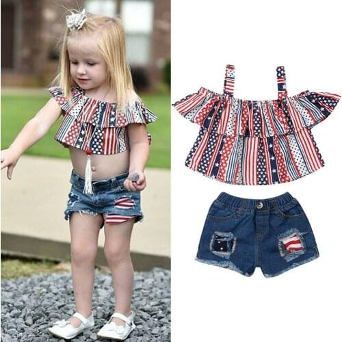 Kid Baby Girl Off shoulder Striped Top Blouse Denim Shorts Pants Outfits Set 2Pcs Independence Day Clothes