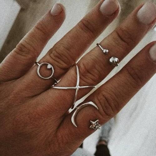 Docona Bohemian Geometric Opening Silver Color Rings for Women Simple Moon Star Adjustable Midi Finger Ring Sets Party Jewelry