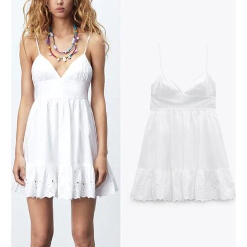 Summer Poplin Mini Dresses Women Za 2021 Sexy V-neck Spaghetti Straps White Dress Fashion Openwork Embroidery Hem Female Dress