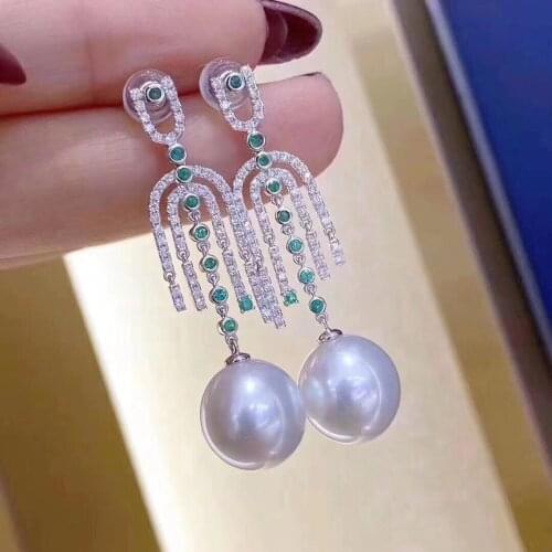 M127 Pearl Earrings Fine Jewelry 925 Sterling Silver Round 9-10mm Nature Fresh Water White Pearls Drop Dangle Earrings Present