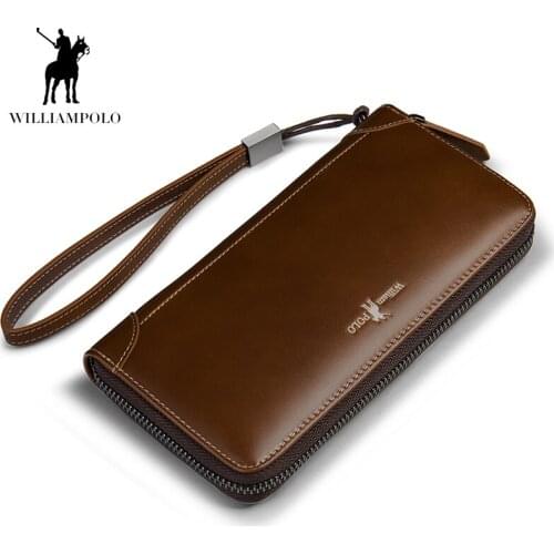 WILLIAMPOLO Retro Mens Wallet Genuine Leather Mens Clutch Long genuine leather zipper purse simple business retro clutch 326