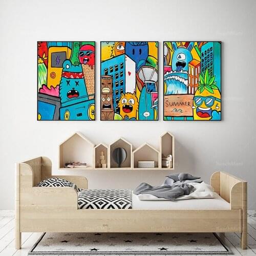 Large wall cartoon art 3-piece set, color cartoon prints on the wall art canvas of the boy room, boy room decoration poster