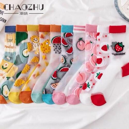 CHAOZHU France Art Summer Spring Fall Women Romantic Kawaii Cute Cartoon Animals Fruits Thin Socks Crystal Hose Lady Glass Sox
