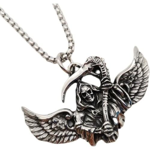 New Vintage silver color 316L stainless steel Wings Grim Reaper necklace pendant skeleton skull punk hip hop necklace