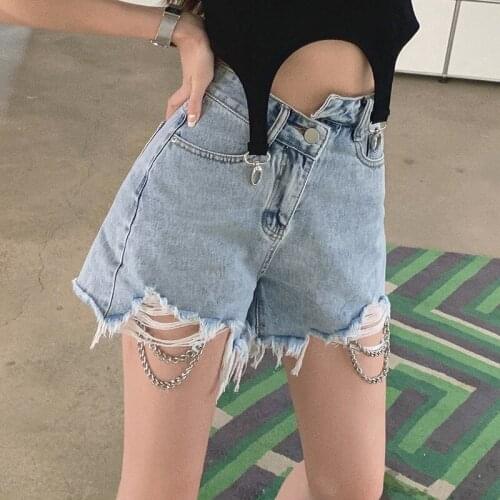S-2XL Ripped Raw Edge Denim Shorts Women High Waist Chain Hot Pant 2021 Summer New Misplaced Irregular Waist Jeans Shorts Female