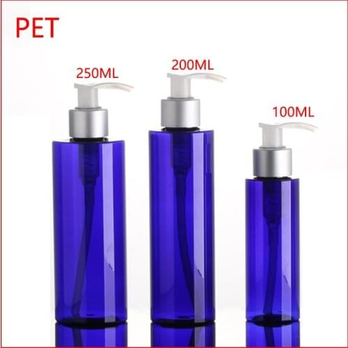 100/200/250ML PET blue plastic bottle w white Press Lotion Pump shampoo Cosmetics container empty Refillable matt silver