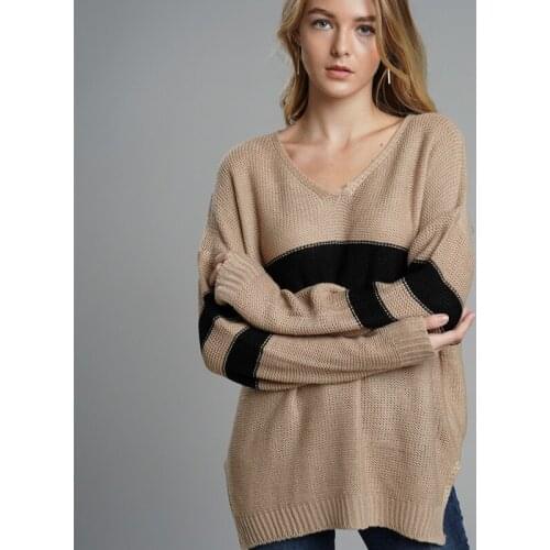 Womens sweater autumn new loose V-neck stitching striped sweater temperament fashion long-sleeved pullover 2021