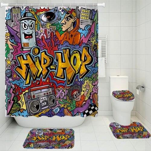 4 Pieces Rock And Roll Shower Curtain Musical Instrument Bathroom Set Carpet Cover Toilet Pad 3D Print Colorful Bathroom Set