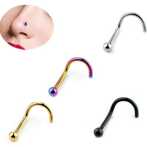 2Pcs Sexy Womens Nose Rings Anti-Allergic Stainless Steel Jewelry Rainbow Black Gold Silver Color Hook Shape Piercing Nose Stud