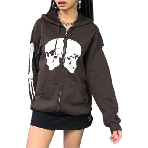 Xingqing Y2k Skeleton Printed Hooded Tops Women Casual Long Sleeve Sweatshirt Cardigan With Pockets Autumn Winter Streetwear