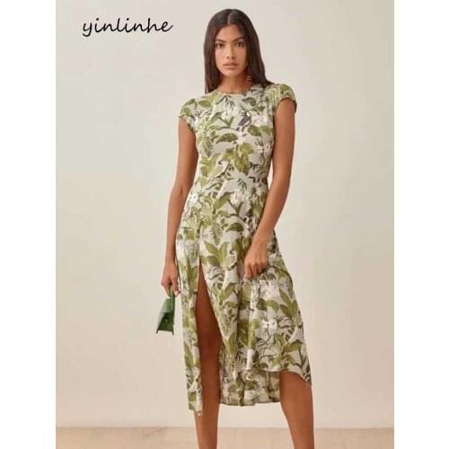 Yinlinhe Green Floral O Neck Midi Dress Women Backless Summer Dress Split Niche Style Vintage Slim Elegant Party Dresses 2195