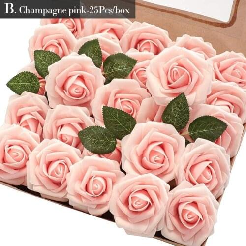 25pcs/box Colorful Artificial Flowers Blush Roses Realistic Fake Roses For DIY Wedding Party Bouquets Baby Shower Home Decor