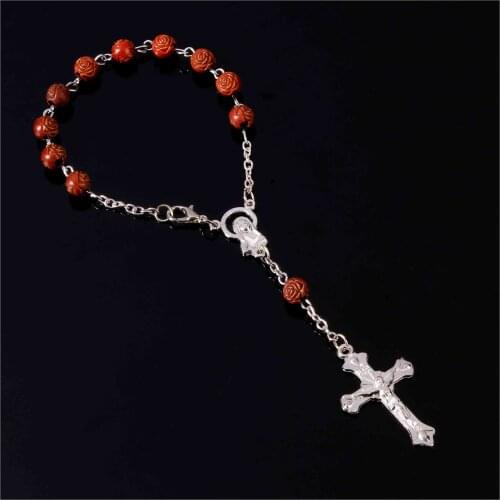 48 Pieces / 8mm Rose Rosary Cross Bracelet, Resin Rose Bracelet Rose Fragrance, Virgin Mary Core and Benedictine Cross