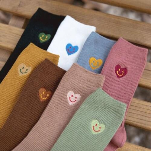 5 Pairs Lot Love Heart Smiley Socks Women Kawaii Soft Girl Cotton Embroidery Cute Long Winter Socks Korean Style Vintage Socken