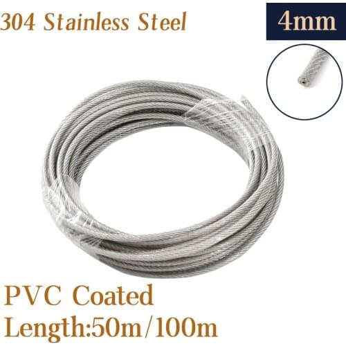 50M/100M 4mm 304 stainless steel pvc coated rope wire rope alambre cable softer fishing lifting cable 7X7 Structure