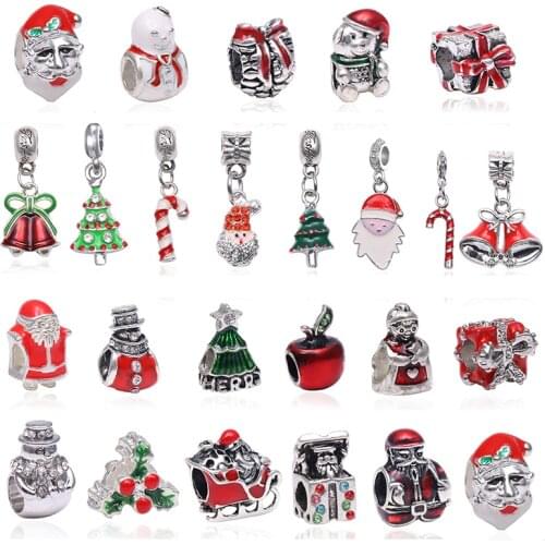 BAOPON 2Pcs/lot Christmas Series Charm Beads Pendant Fit Brand Bracelet Necklaces For Women DIY Jewerly Making Christmas Gift