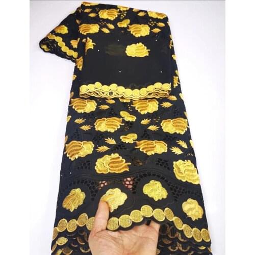 Free shipping (5+2yards/set) Newest black gold African Swiss cotton lace fabric with wonderful embroidery plus scarf CLU005