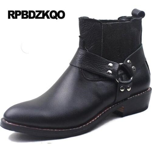 Genuine Leather Big Size High Quality Full Grain Black Ankle Shoes Wedding Mens Pointed Toe Dress Boots Formal Chunky Plus Short